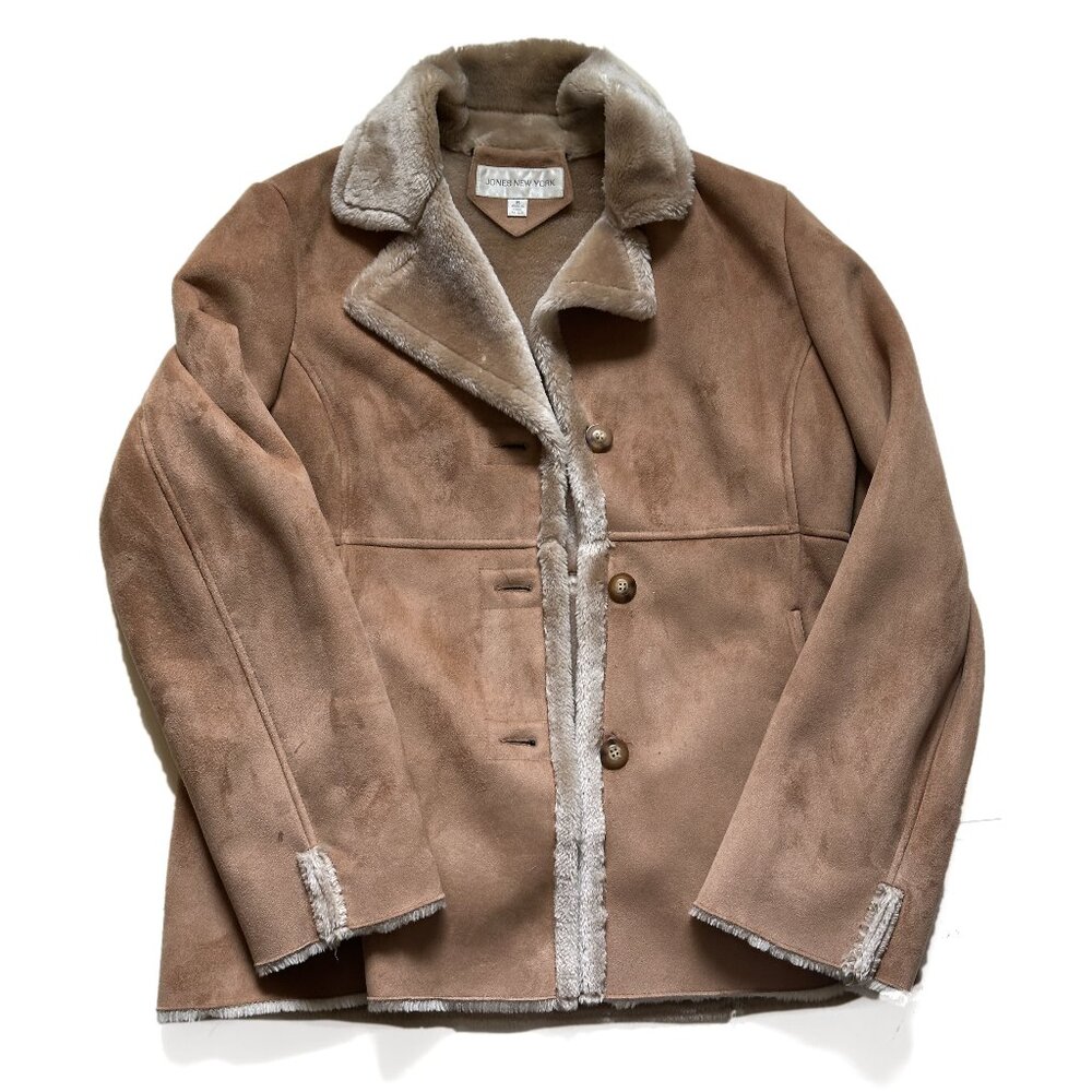 Vintage Jones New York Shearling Faux Suede Fur Tan Light Brown Coat Size MEDIUM